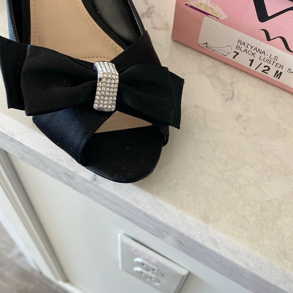 Nina Black Luster Satin Raiyana low wedge evening shoes